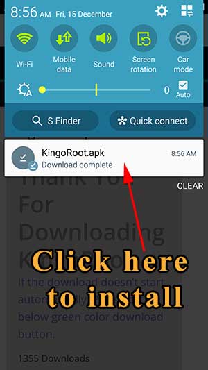 kingoroot click notification to install